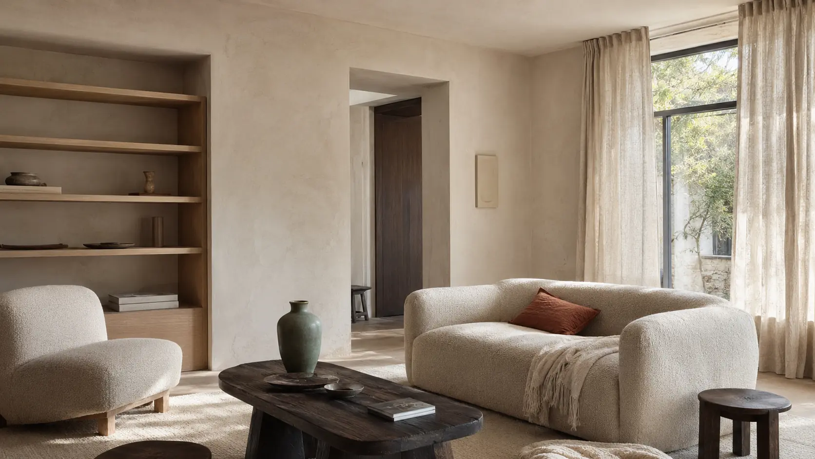 Intérieur contemporain lumineux avec murs en enduit écru, grands rideaux en lin non blanchi, canapé en laine écrue, chêne clair, table en noyer, céramique sauge et petit coussin terre cuite