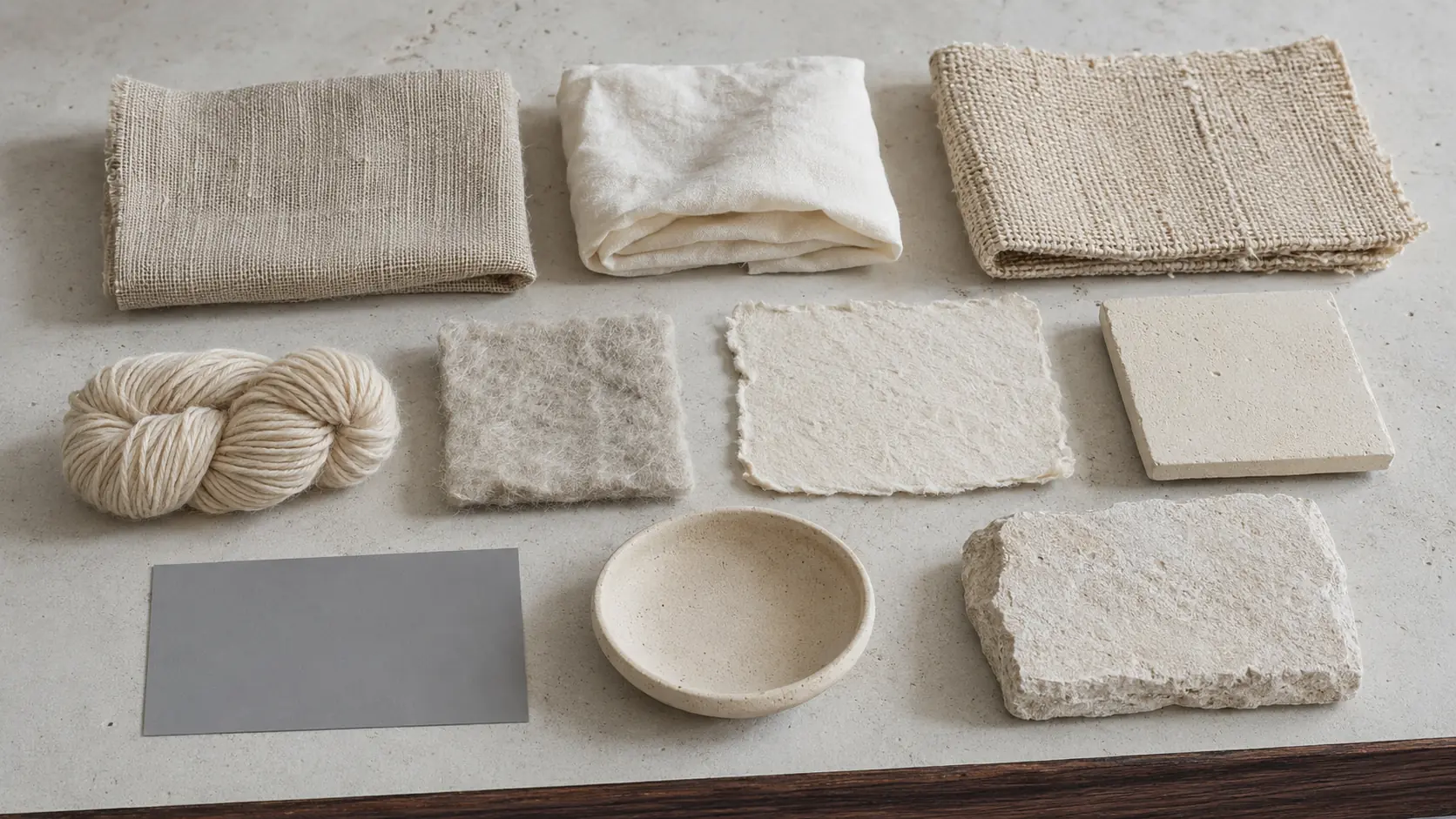 Étude de matières écrues réunissant lin brut, coton non blanchi, toile de chanvre, laine naturelle, papier artisanal, plâtre, céramique mate et pierre claire avec carte gris neutre