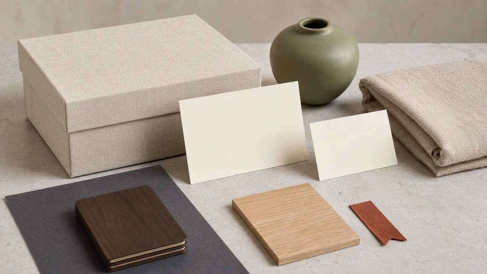 Système d’application écru avec boîte en toile sans marque, cartes écrues vierges, carnet en noyer sombre, textile en lin, papier charbon, céramique sauge et petit ruban terre cuite