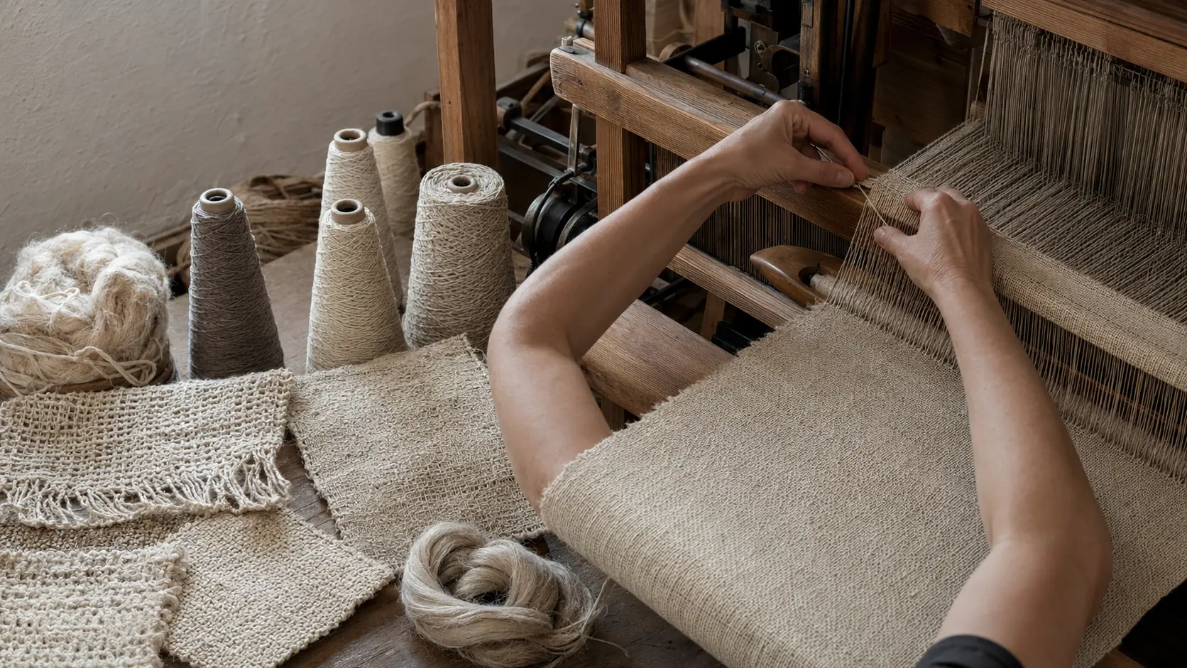 Métier à tisser artisanal avec mains de tisserand travaillant un textile écru, cônes de fil de lin, coton et chanvre non blanchis