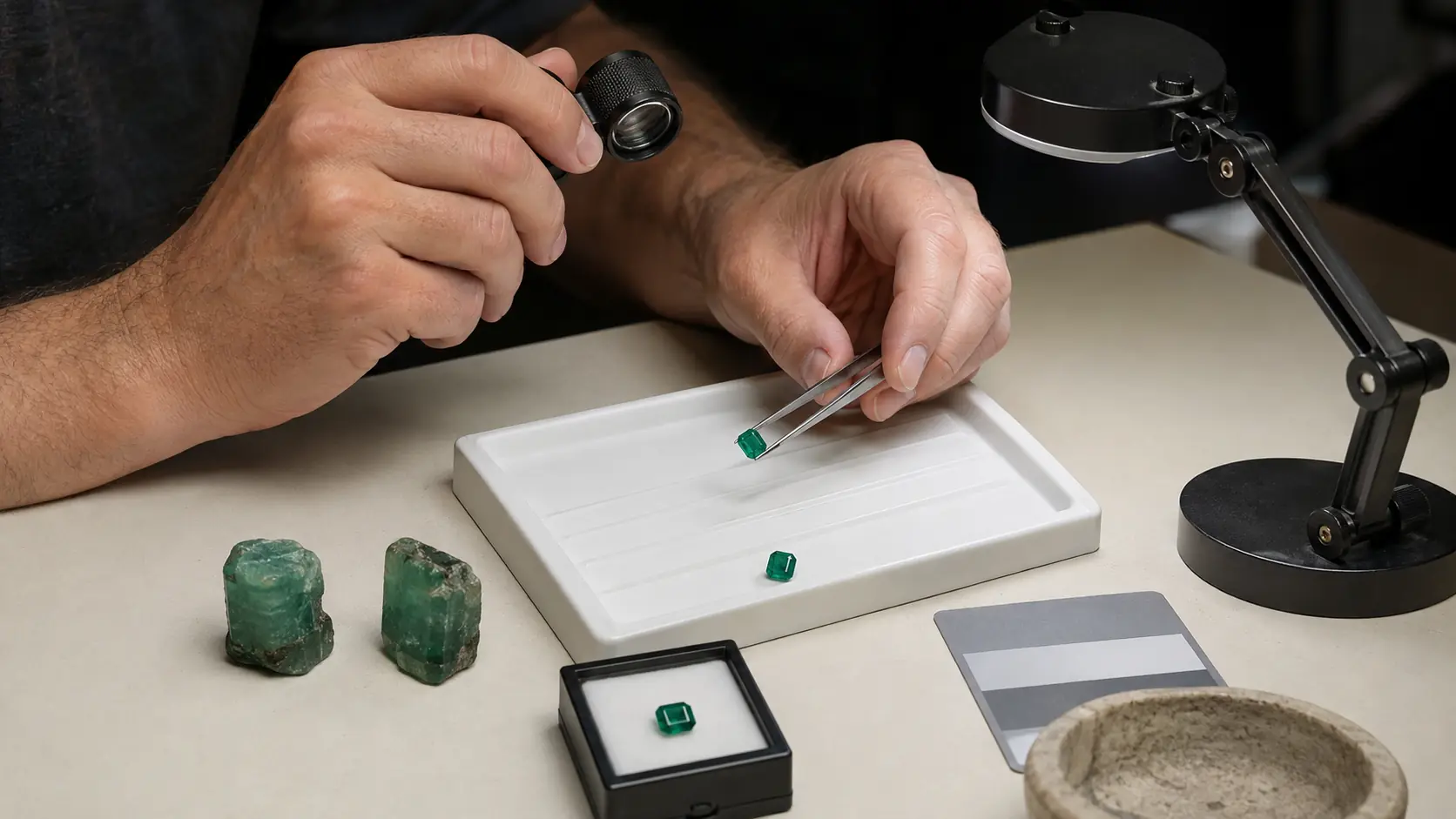 Table de gemmologue avec mains examinant une émeraude facettée à la loupe, petits cristaux verts bruts, brucelles, plateau de tri, lampe de contrôle et carte gris neutre sans marque