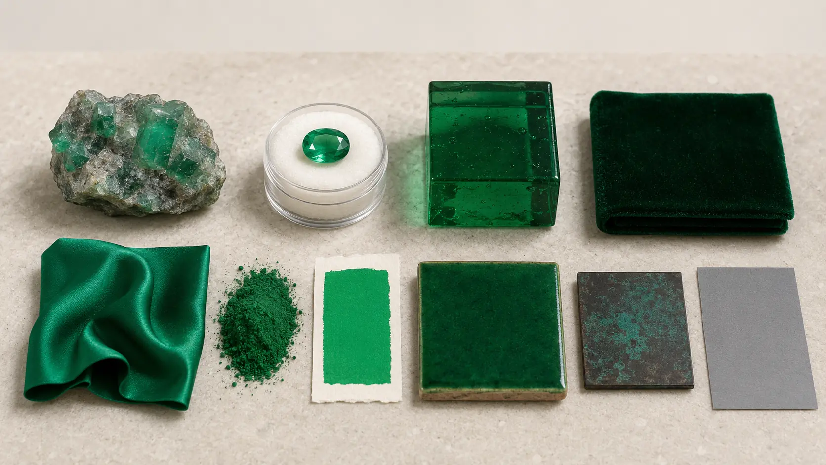Étude de matières vert émeraude réunissant cristal minéral brut, pierre facettée, verre teinté transparent, velours, soie, pigment sur papier, céramique émaillée