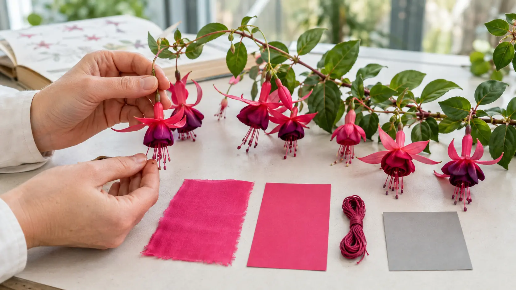 Table d’observation botanique avec branche de fuchsia aux fleurs pendantes roses et pourpres, mains comparant pétales, textile teint