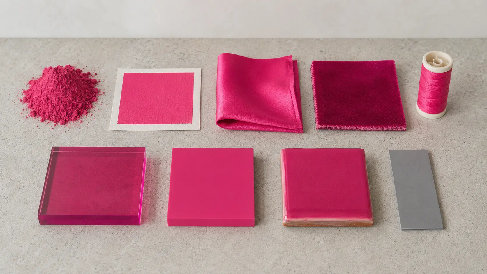 Étude de matières fuchsia réunissant pigment en poudre, encre imprimée sur papier, soie, velours, fil teint, verre transparent rose violacé, acrylique mat