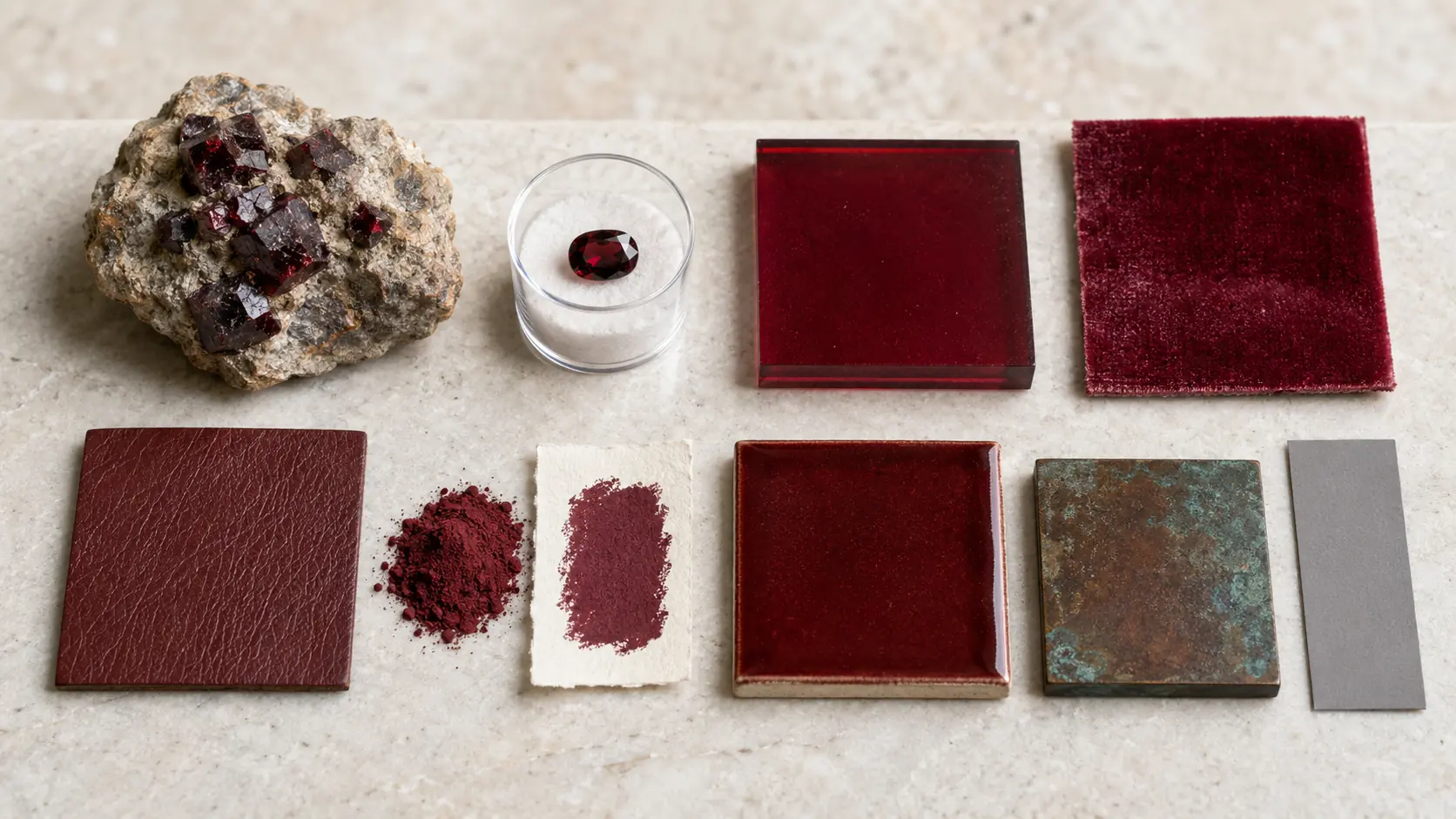 Étude de matières grenat réunissant cristaux minéraux bruts, petite pierre facettée, verre rouge profond transparent, velours, cuir lisse, pigment sur papier, céramique émaillée