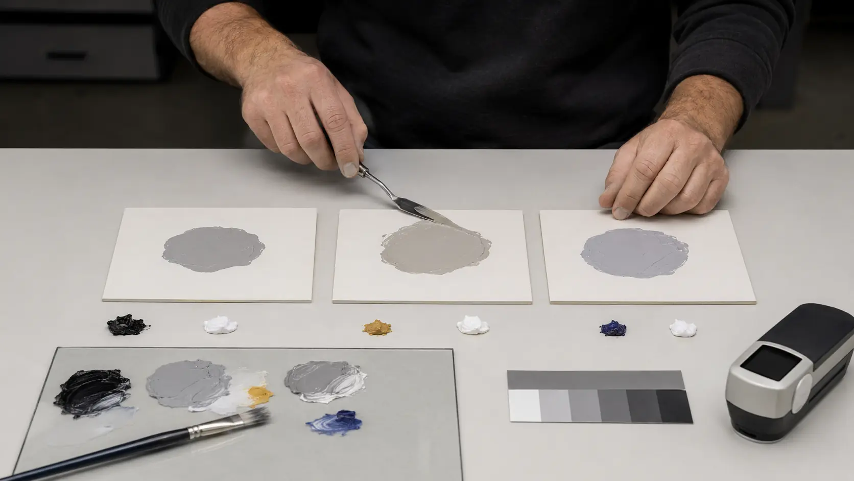 Table d’atelier avec mains de coloriste préparant trois échantillons de peinture grise, l’un neutre, l’un légèrement chaud et l’autre légèrement froid, pigments blanc et noir