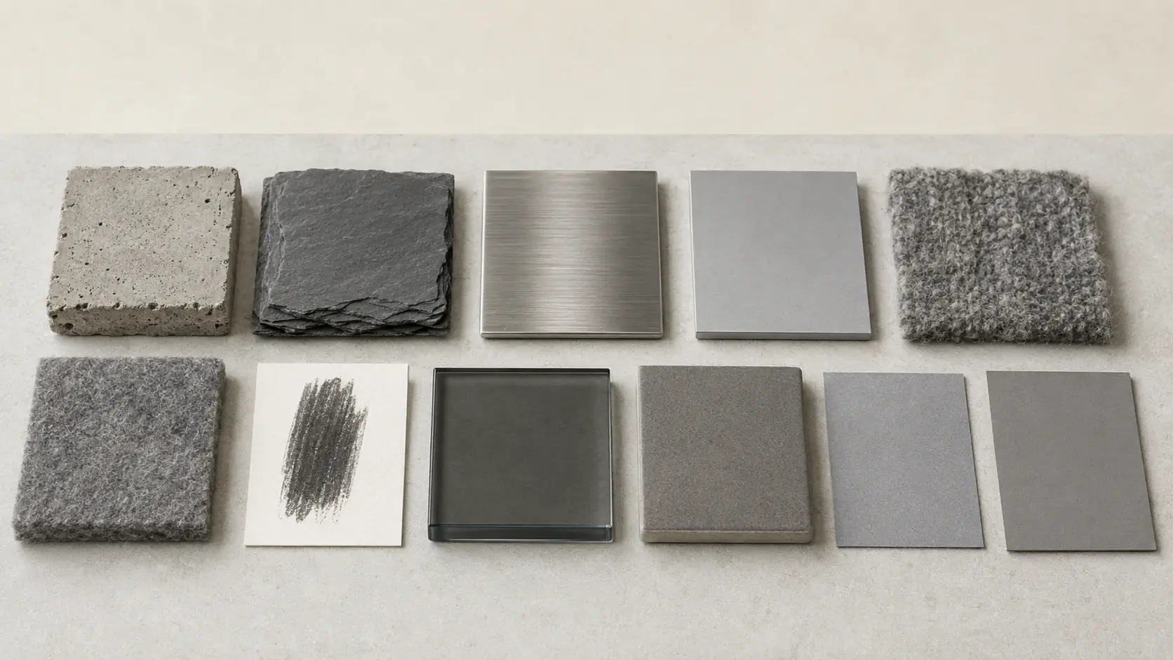 Étude de matières grises réunissant béton brut, ardoise, acier brossé, aluminium mat, laine chinée, feutre, graphite sur papier, verre fumé, céramique et carte gris neutre