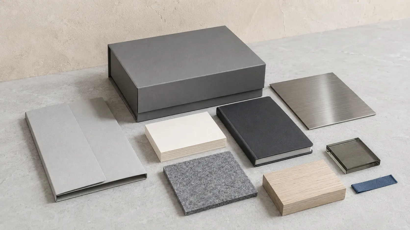 Système d’application gris sans marque avec boîte gris moyen, cartes ivoire vierges, carnet graphite, papier gris clair, plaque d’acier brossé, feutre chiné