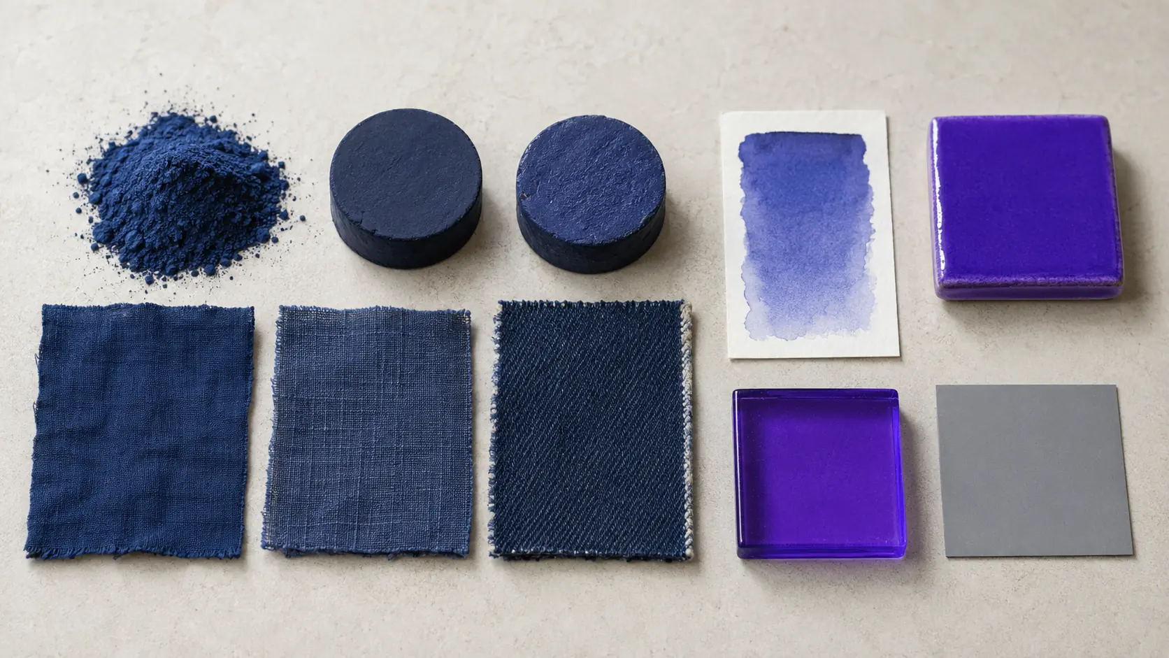 Étude de matières indigo réunissant pigment bleu en poudre, pains de pigment, coton teint, lin, denim, lavis d’encre, céramique émaillée, verre bleu-violet et carte gris neutre