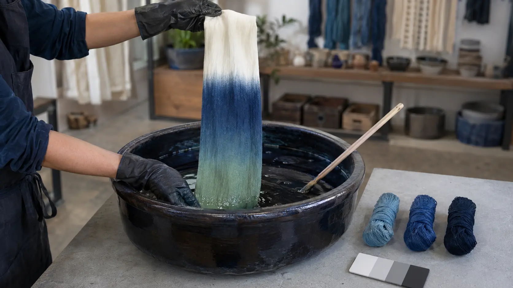 Atelier de teinture indigo avec mains gantées soulevant une bande de coton humide au-dessus d’une cuve