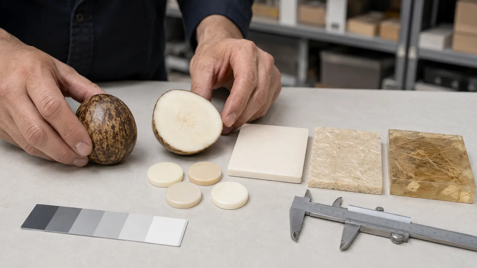 Table d’atelier avec mains comparant une noix de tagua ouverte et ses petits disques polis, une plaquette de porcelaine, un composite cellulosique et une résine végétale ivoire
