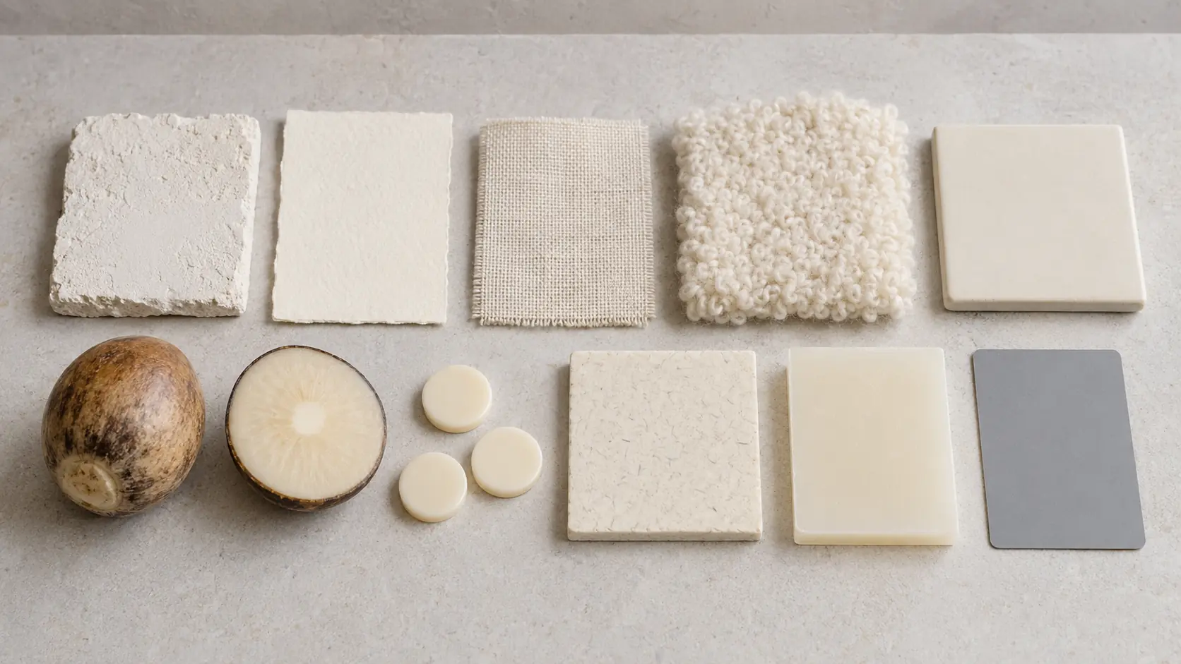 Étude de matières ivoire réunissant enduit à la chaux, papier non couché, lin, laine, porcelaine mate, noix de tagua coupée, composite cellulosique, résine végétale et carte gris neutre