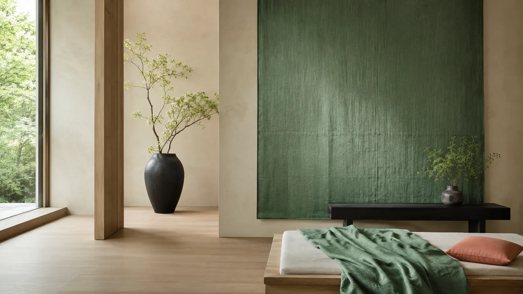 Intérieur contemporain lumineux avec grand panneau textile vert jade, murs à la chaux ivoire, banquette claire, frêne naturel, console en métal couleur encre et petit coussin corail
