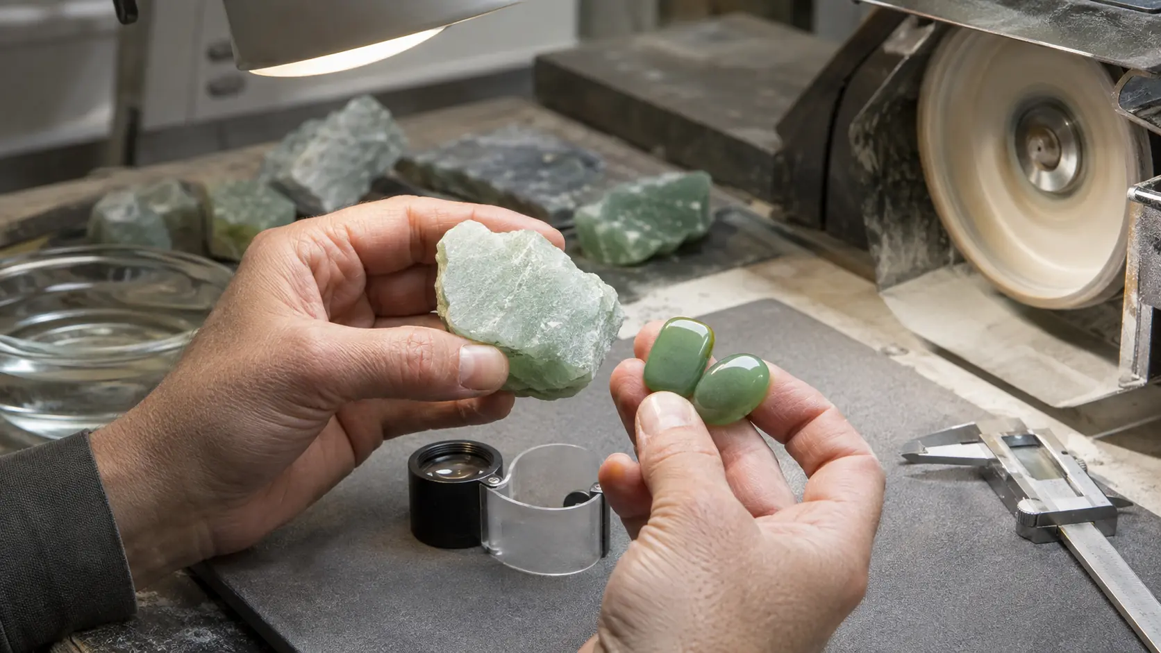 Mains d’un artisan comparant un fragment minéral vert jade brut et deux échantillons verts polis sur un établi de lapidairerie avec loupe, pied à coulisse, meule, eau et carte gris neutre