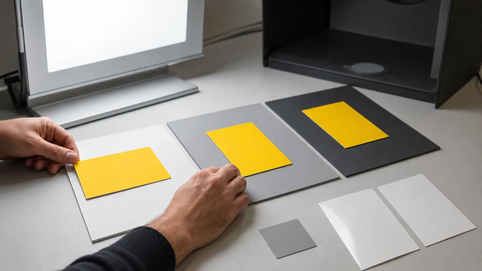 Technicien couleur plaçant trois cartes jaunes identiques sur des fonds blanc, gris moyen et graphite sous une cabine de lumière neutre, avec papiers vierges et petite carte gris neutre