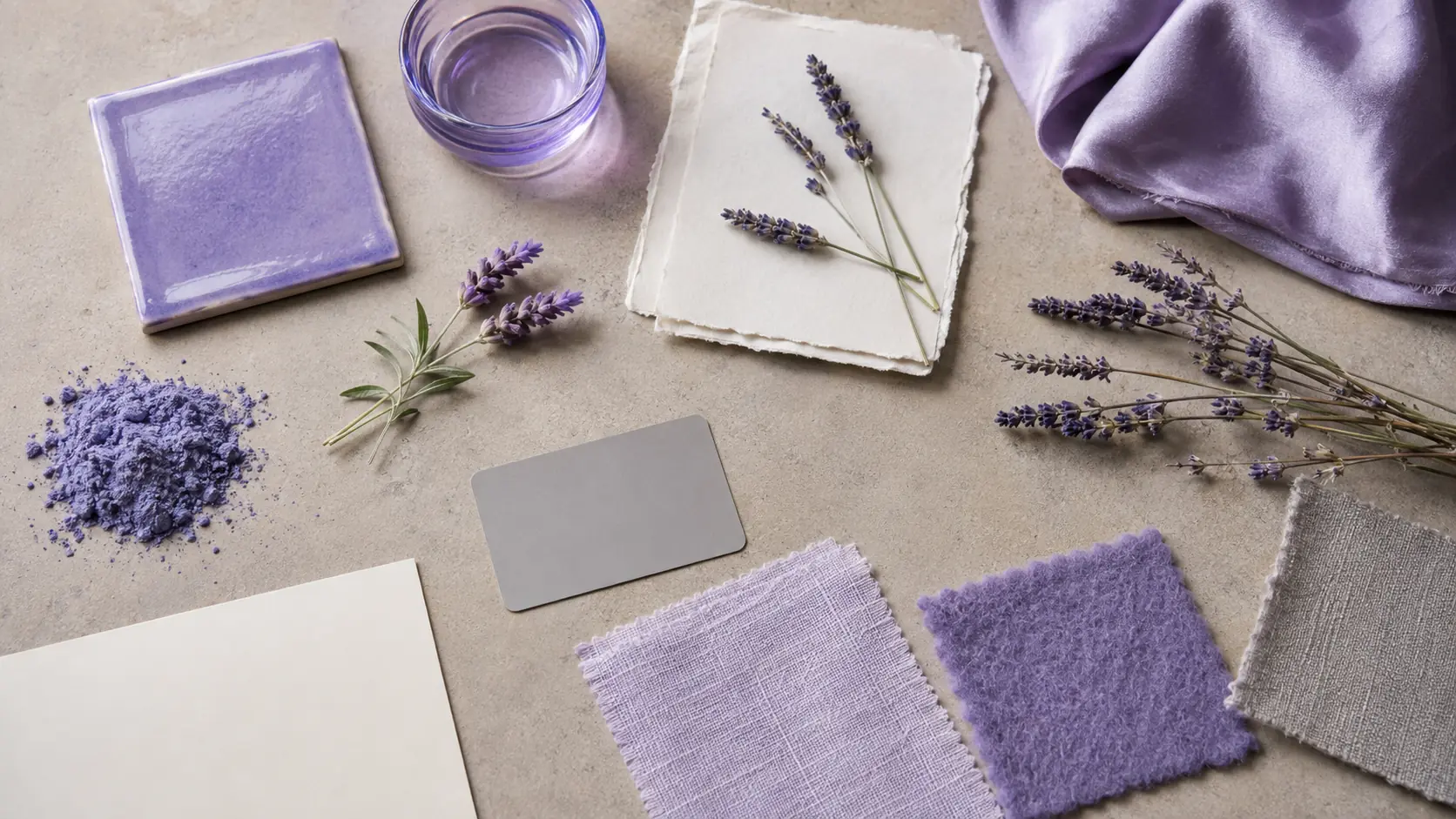 Étude de matières lavande réunissant brins de lavande frais et secs, pigment bleu-violet, soie, lin, laine, papier vierge, carreau de céramique émaillée, verre violet et carte gris neutre