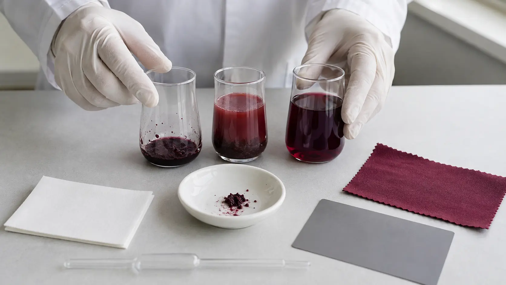 Étude de l’origine lie-de-vin avec dépôt de lies, vin trouble, vin clarifié, papier filtre et échantillon textile rouge sombre