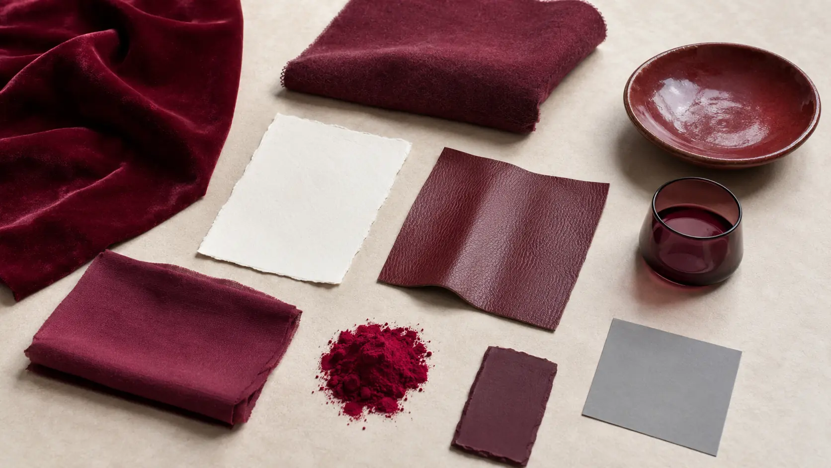 Étude de matières lie-de-vin réunissant velours, laine, coton, papier, cuir, pigment rouge magenta, céramique mate, verre bordeaux et carte gris neutre