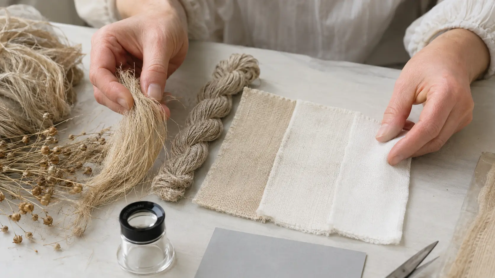 Mains d’un artisan comparant fibre de lin brute, écheveau de fil et trois toiles sans marquage, écrue, lavée et légèrement blanchie