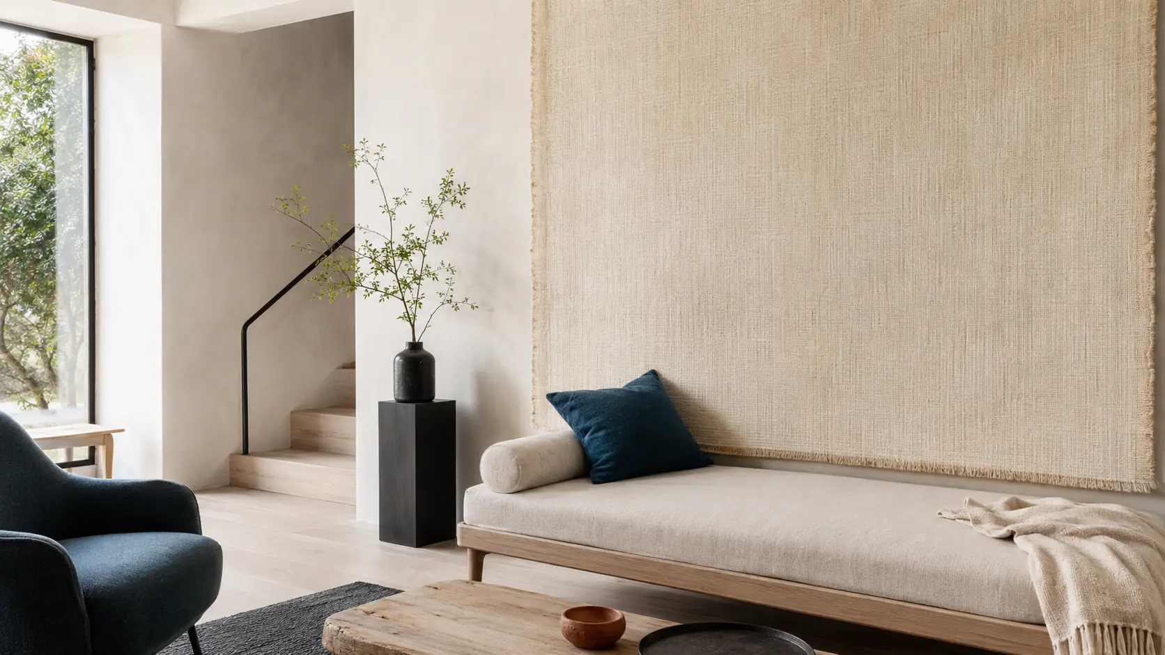 Intérieur contemporain lumineux avec grand panneau mural en toile couleur lin, banquette en lin, murs à la chaux, chêne clair, détails graphite