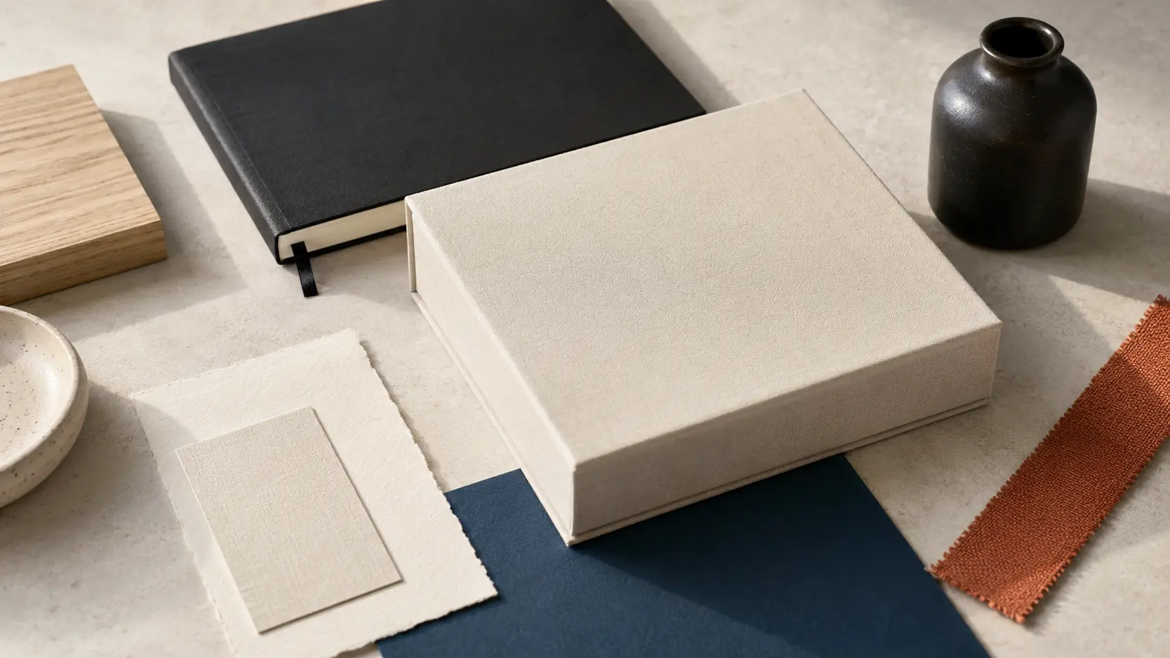 Système d’identité sans marque avec boîte couleur lin, papiers crème et texturés vierges, carnet noir encre, papier bleu canard, bande textile terre cuite