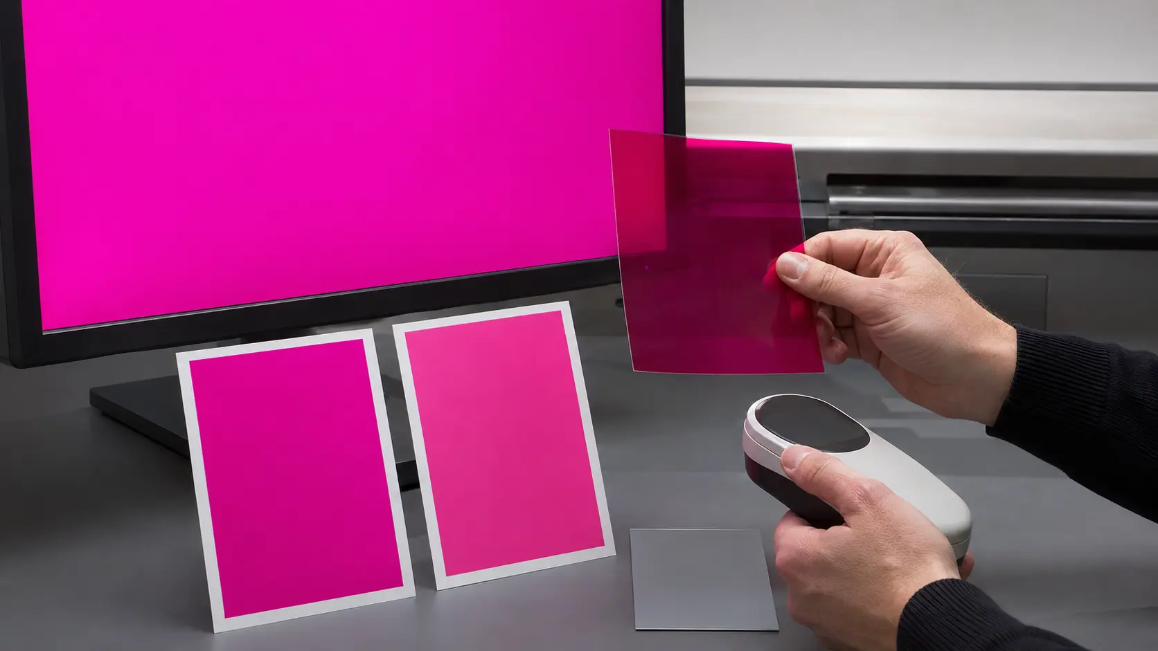 Mains d’un technicien couleur comparant un écran affichant un aplat magenta, deux épreuves magenta sur papiers couché et non couché, un tirage d’encre transparent