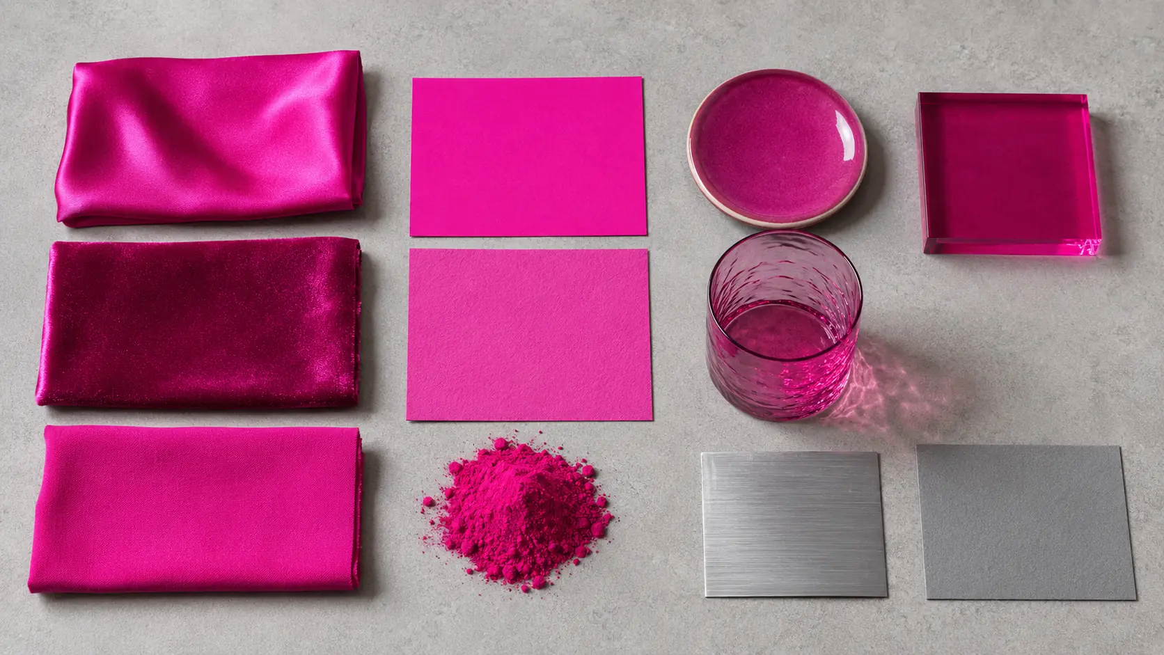 Étude de matières magenta réunissant soie brillante, velours, coton mat, papier couché et non couché, pigment magenta, céramique émaillée, verre teinté, acrylique transparent