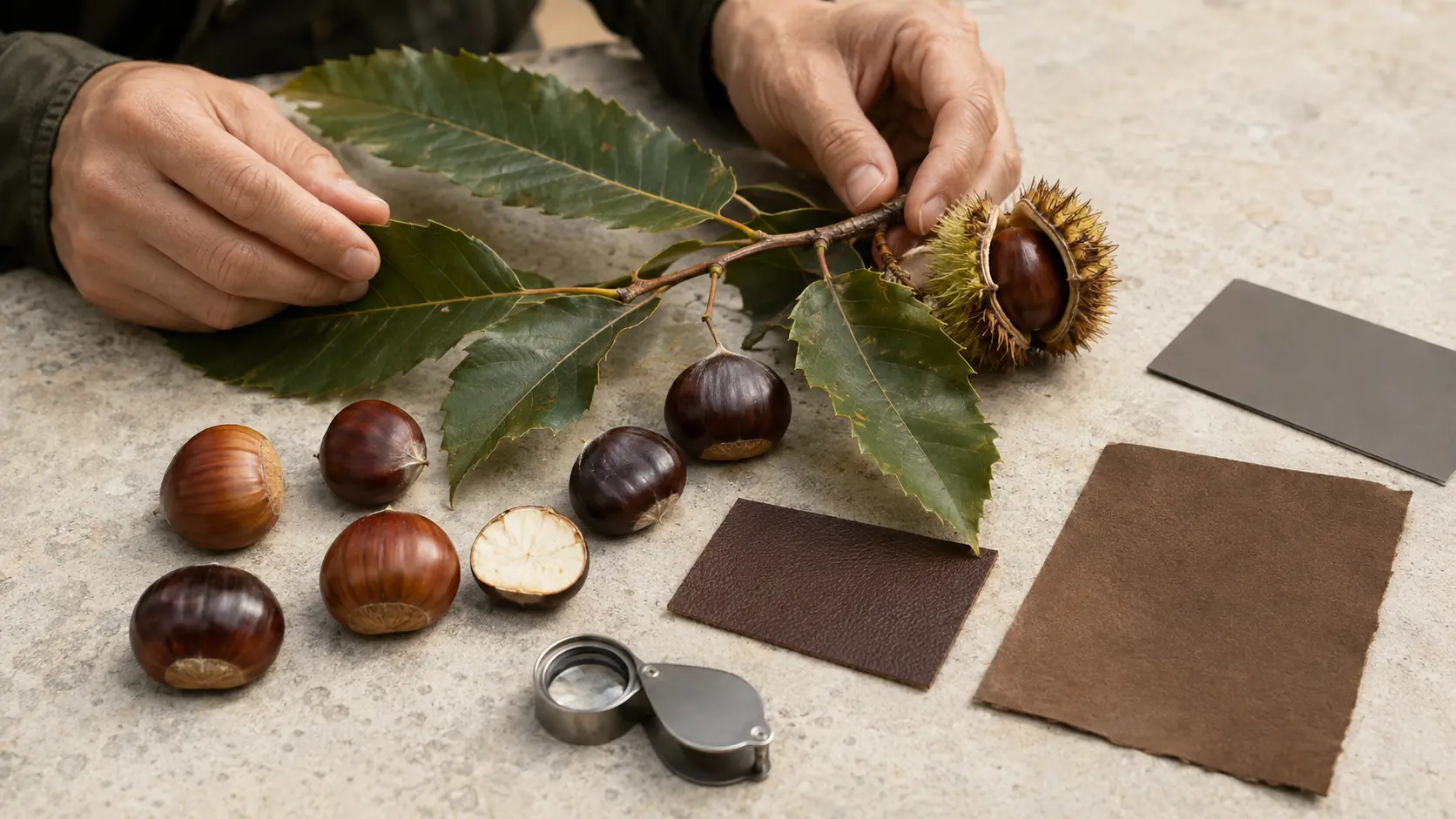 Mains d’un botaniste disposant branche et feuilles de châtaignier, bogue épineuse ouverte, châtaignes brillantes de plusieurs bruns, fruit coupé, échantillons de cuir et papier marron