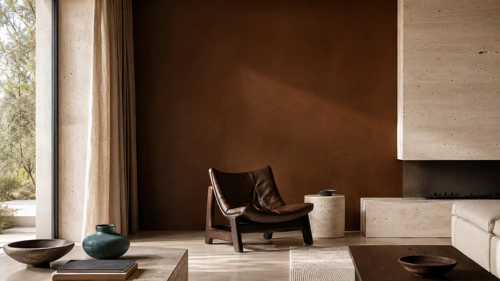 Intérieur contemporain lumineux avec grand mur marron en enduit minéral, fauteuil en cuir brun, calcaire clair, textile lin, noyer sombre, détails charbon et petit vase bleu pétrole