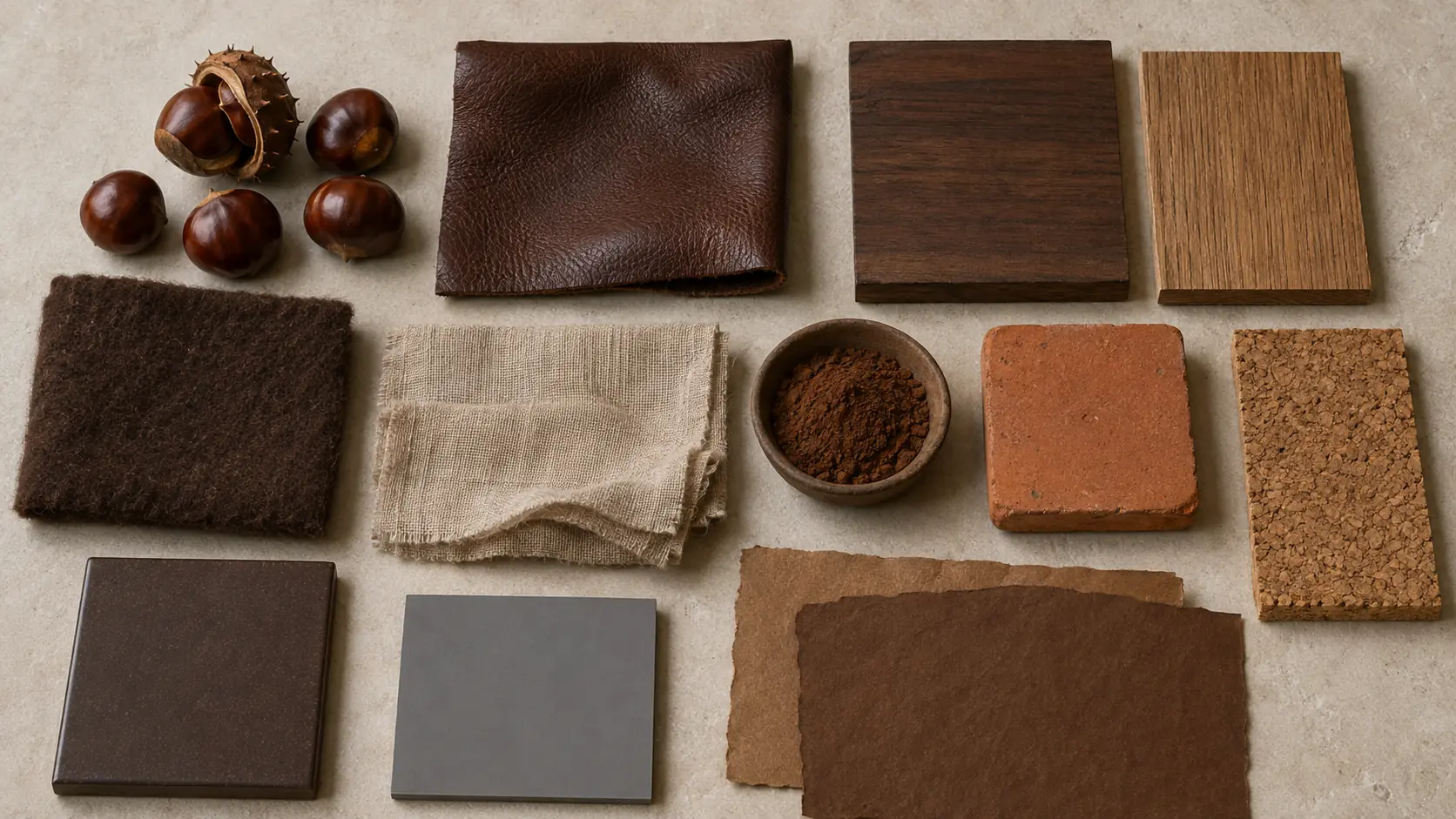 Étude de matières marron réunissant châtaignes brillantes, cuir pleine fleur, noyer et chêne, laine brune, lin écru, pigment terre, terre cuite, liège, céramique mate