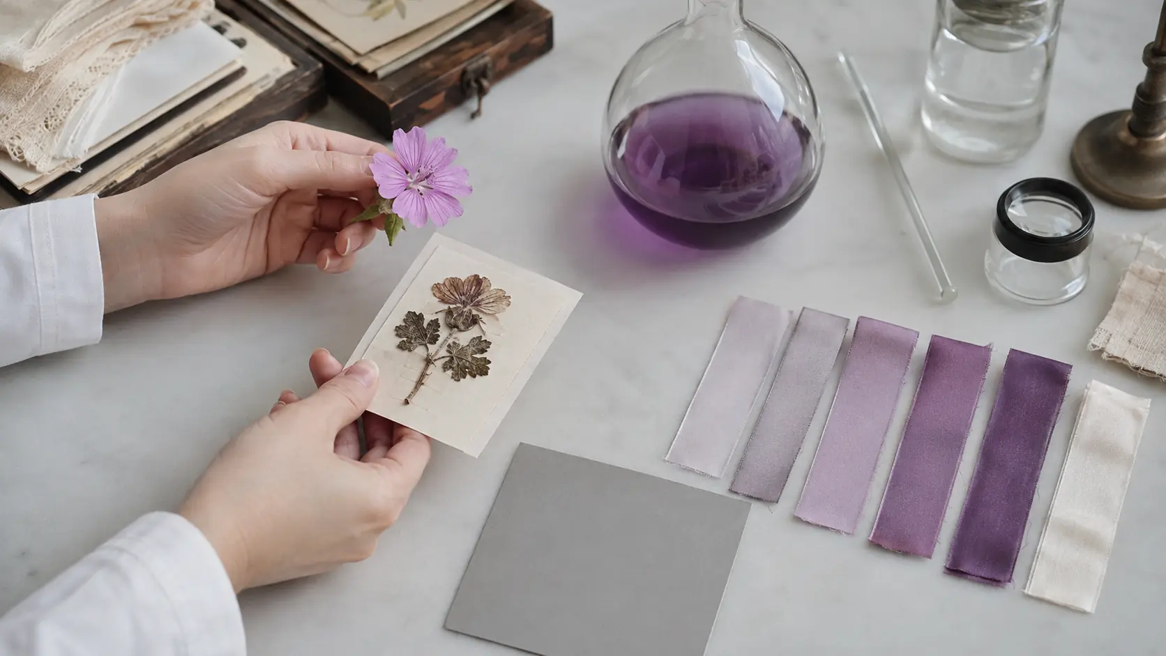 Mains d’un conservateur comparant fleur de mauve fraîche, spécimen botanique pressé, solution colorante mauve en verre, rubans de soie du mauve grisé au violet, soie ivoire