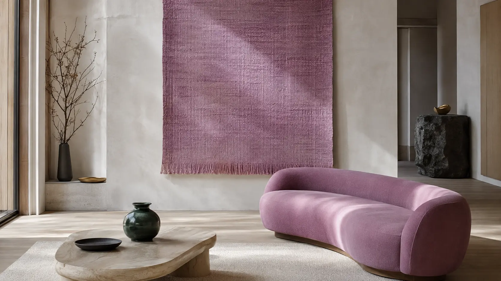 Intérieur contemporain avec grand panneau textile mauve grisé, banquette courbe mauve, murs ivoire minéral, frêne clair, détails noir encre, vase vert forêt et petit accent en laiton
