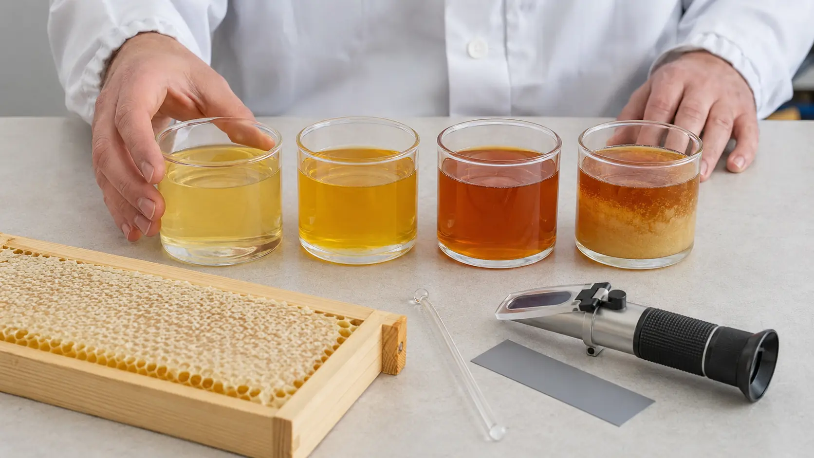 Mains d’un technicien comparant quatre récipients transparents de miel du jaune paille à l’ambre profond, dont un échantillon cristallisé, avec cadre de rayon, tige de verre