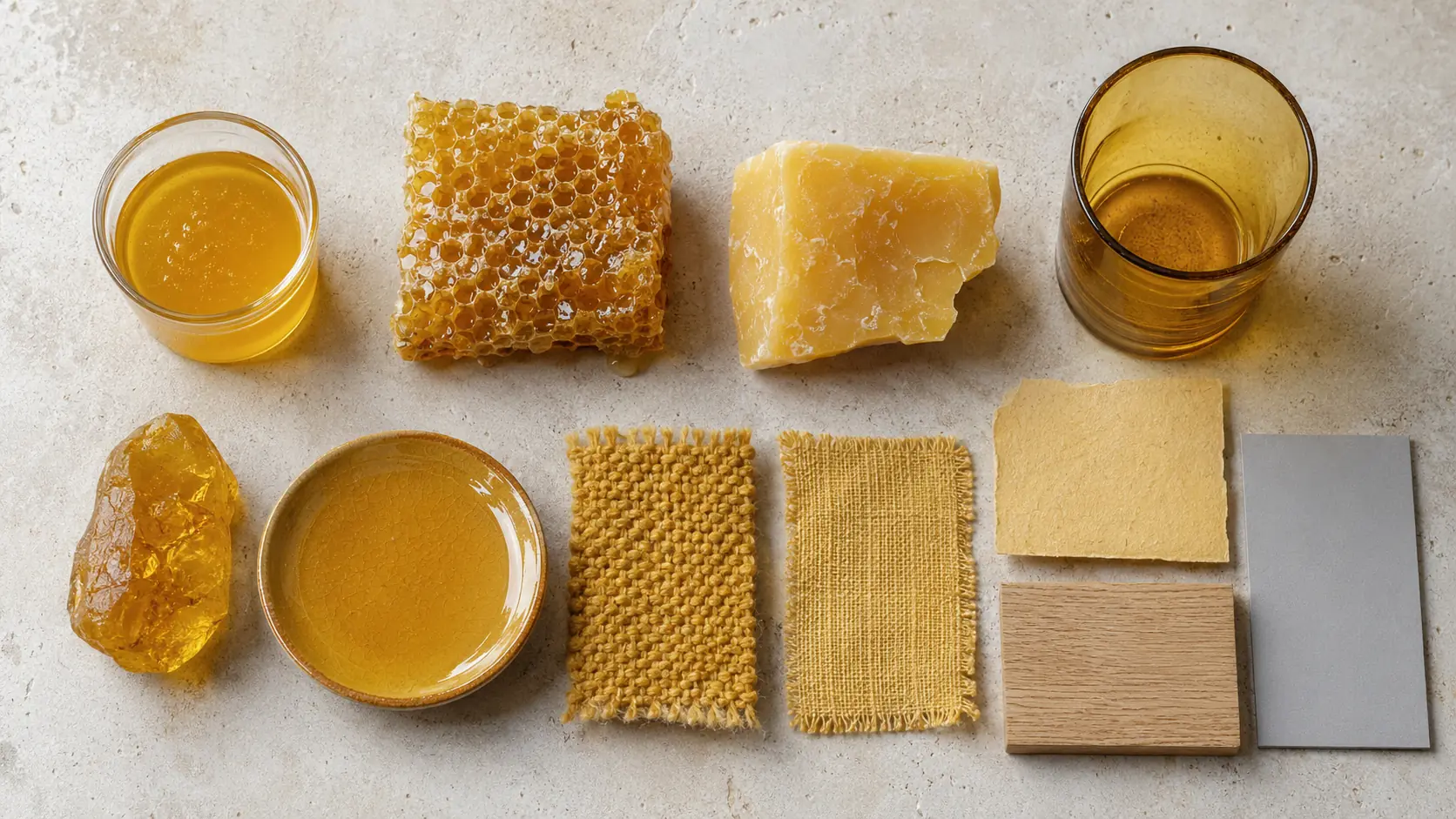 Étude de matières couleur miel réunissant miel liquide en verre, rayon, cire d’abeille, verre ambré, résine dorée translucide, céramique émaillée, laine, lin, papier vierge