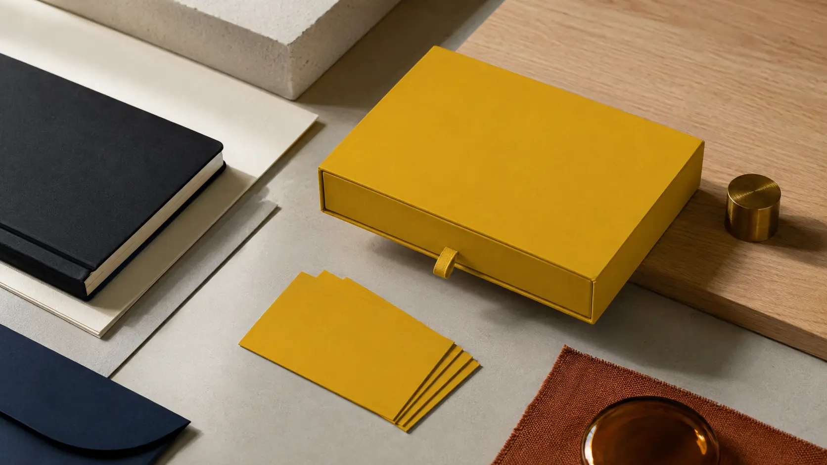 Système d’identité sans marque avec boîte et cartes couleur miel, papiers ivoire et gris chaud vierges, carnet noir encre, papier bleu nuit, bande textile terre cuite, verre ambré