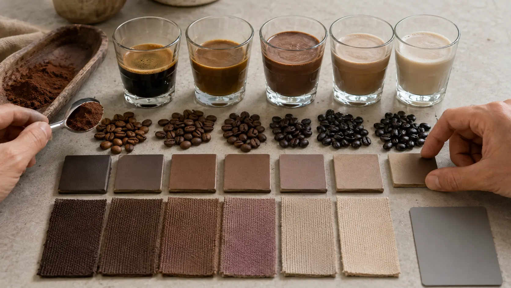 Étude de la couleur moka avec grains de café de plusieurs torréfactions, cacao, espresso et mélanges progressivement adoucis par le lait