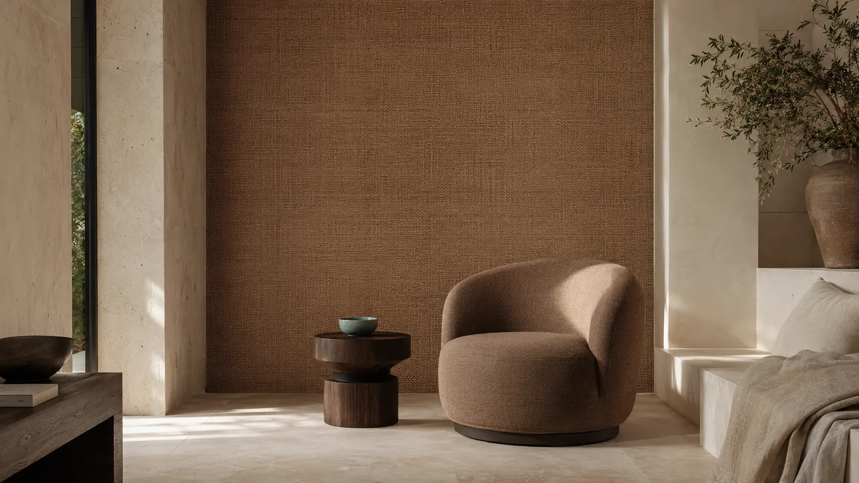 Intérieur contemporain avec grand panneau textile moka, fauteuil courbe brun moka, murs et sol en calcaire clair, table en noyer fumé, détails noir charbon