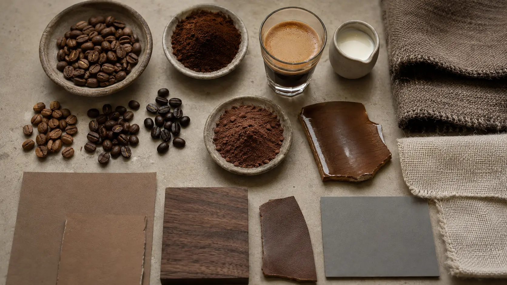Étude de matières moka réunissant grains de café de plusieurs torréfactions, mouture, cacao en poudre, espresso, lait, tesson de céramique émaillée, laine, lin, papiers bruns, noyer fumé