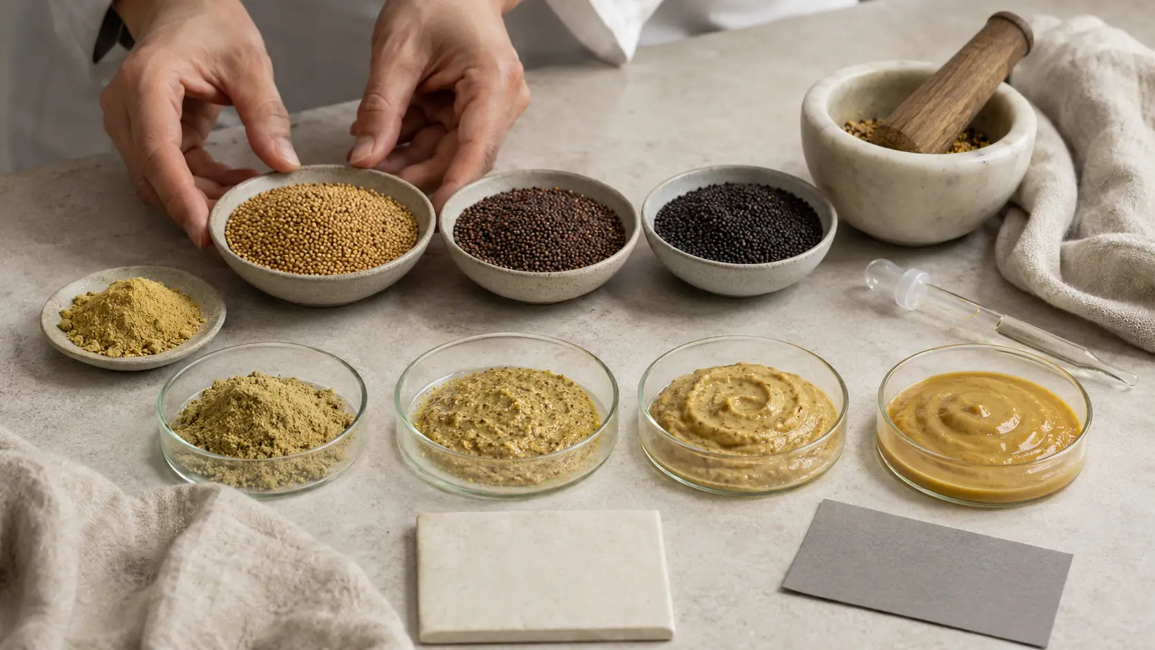 Mains d’un technicien culinaire comparant graines de moutarde jaunes, brunes et noires, mortier, poudre sèche et quatre coupelles montrant hydratation, ajout de vinaigre et émulsion