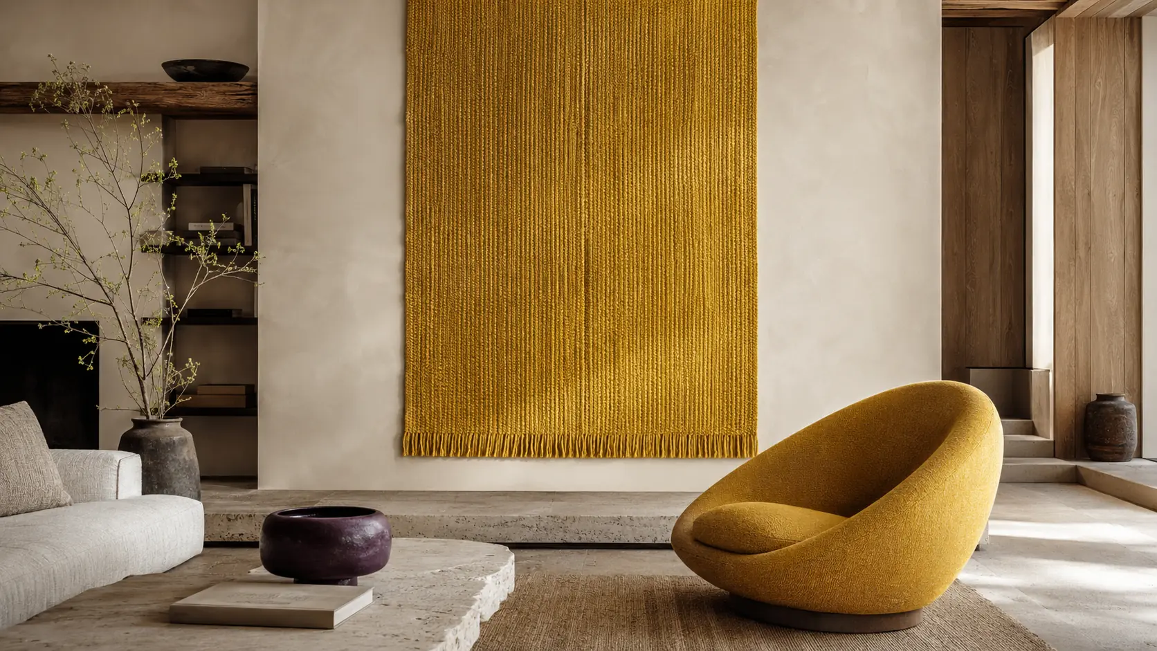 Intérieur contemporain avec grande tenture tissée et fauteuil couleur moutarde, murs ivoire crayeux, calcaire clair, chêne, détails noir charbon, lin naturel et petit vase aubergine profond