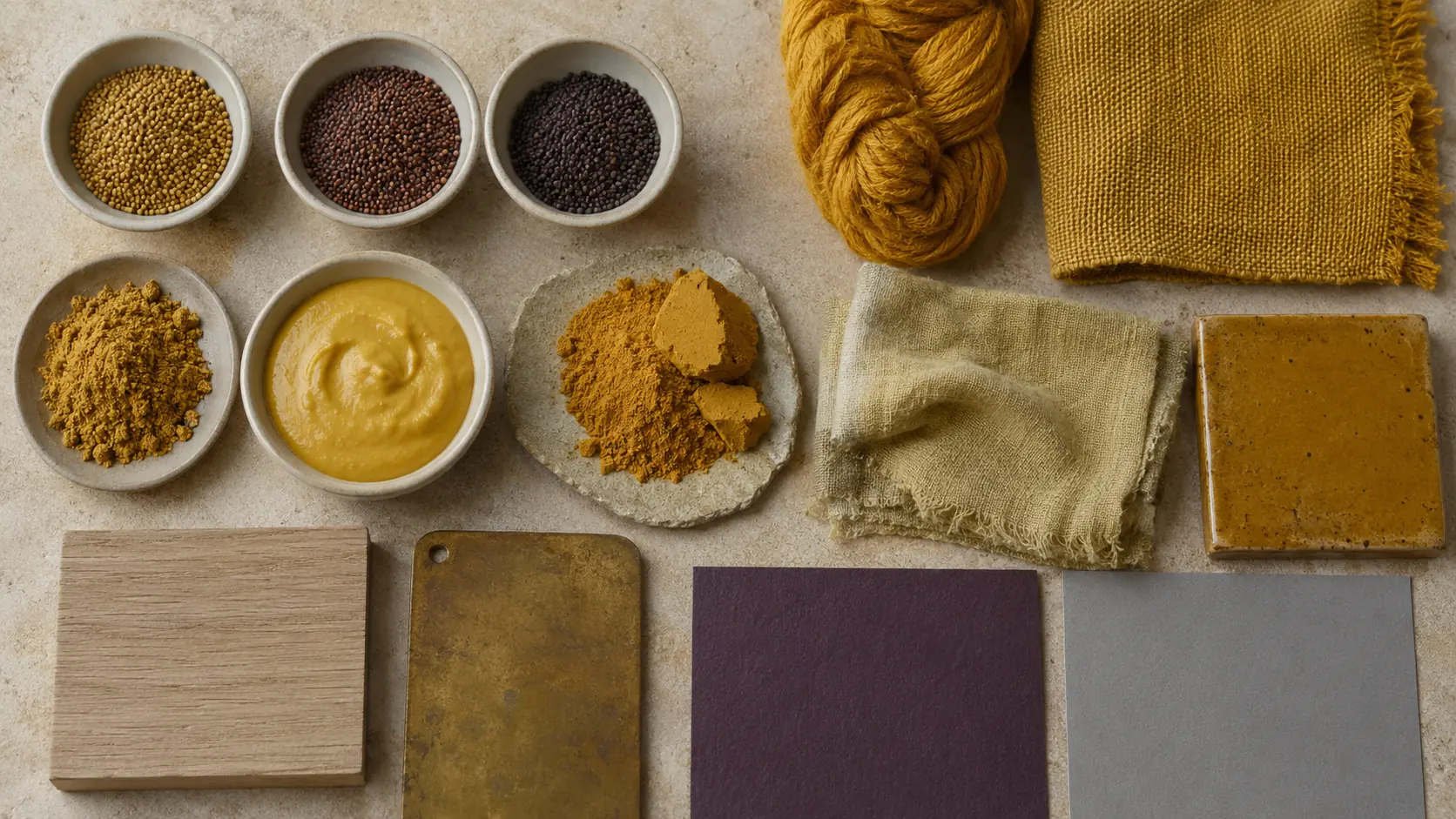 Étude de matières moutarde réunissant graines jaunes, brunes et noires, poudre et pâte de moutarde, pigment ocre, laine, textile tissé, lin lavé, papier mat, céramique émaillée, chêne clair