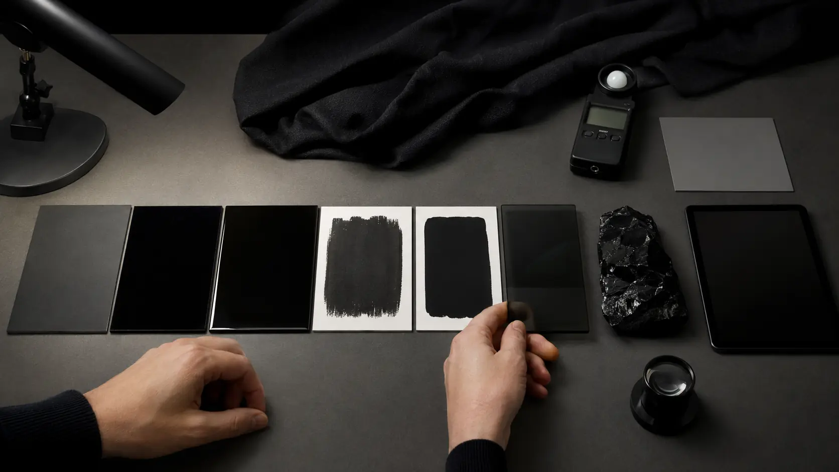 Mains d’un technicien comparant sous lumière rasante peinture noire mate, velours, laque, encres noires sur papiers vierges, verre fumé, obsidienne et écran noir uniforme