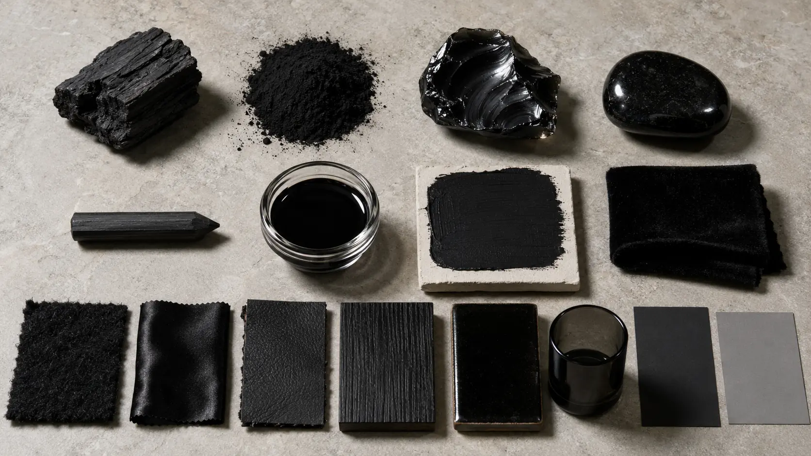 Étude de matières noires réunissant charbon brut, poudre de carbone, obsidienne brillante, pierre noire polie, graphite, encre noire, peinture mate sur plâtre, velours, laine, satin, cuir