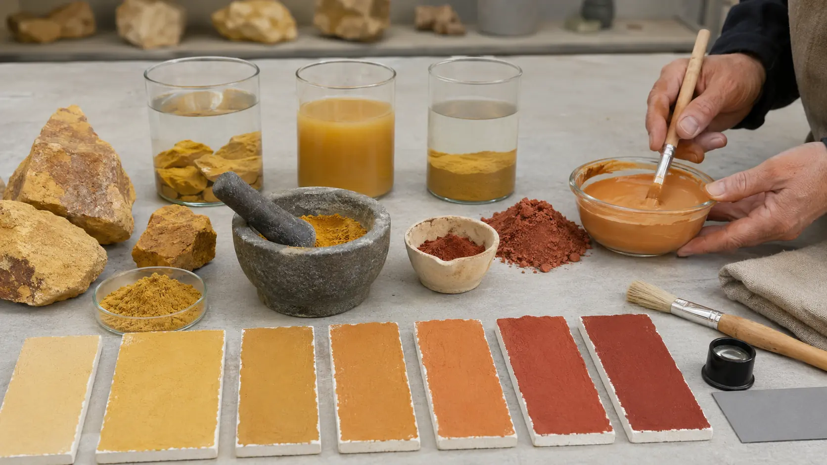 Mains d’un conservateur travaillant des pierres ocre jaunes, décantation de terre dans des verres, pigment sec, mortier, ocre rouge calcinée