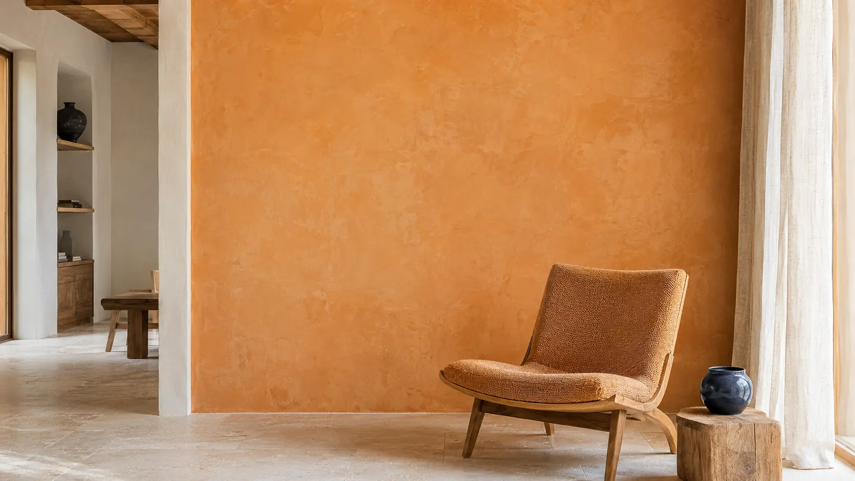 Intérieur méditerranéen contemporain avec grand mur en enduit minéral ocre, fauteuil tissé ocre, murs ivoire, sol calcaire clair, chêne, lin naturel