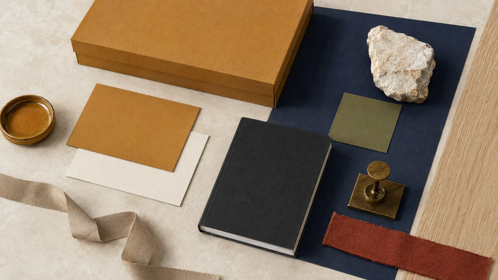 Système d’identité sans marque avec boîte et cartes ocre, papiers ivoire vierges, carnet noir charbon, grand papier indigo, accent vert olive, ruban en textile ocre rouge, céramique ocre