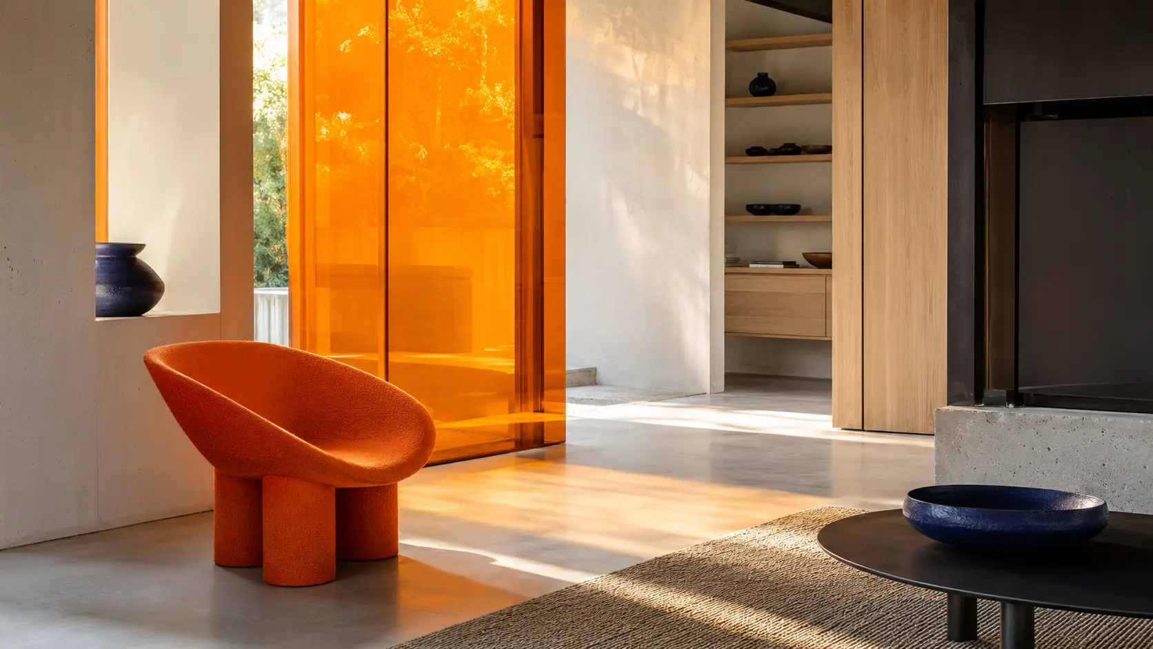 Intérieur contemporain avec grande paroi translucide orange, fauteuil orange texturé, murs ivoire, mobilier en frêne clair, sol en béton, détails bleu nuit et objets en verre ambré