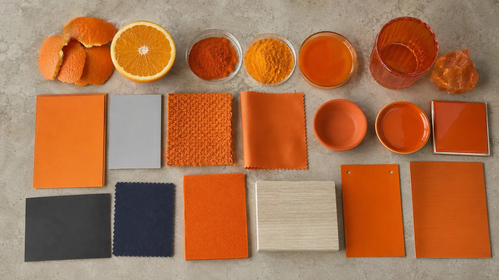 Étude de matières orange réunissant agrume et écorce, pigments secs, verre translucide, résine, laine, toile, céramique émaillée, laque et métal anodisé avec accents bleu nuit et charbon