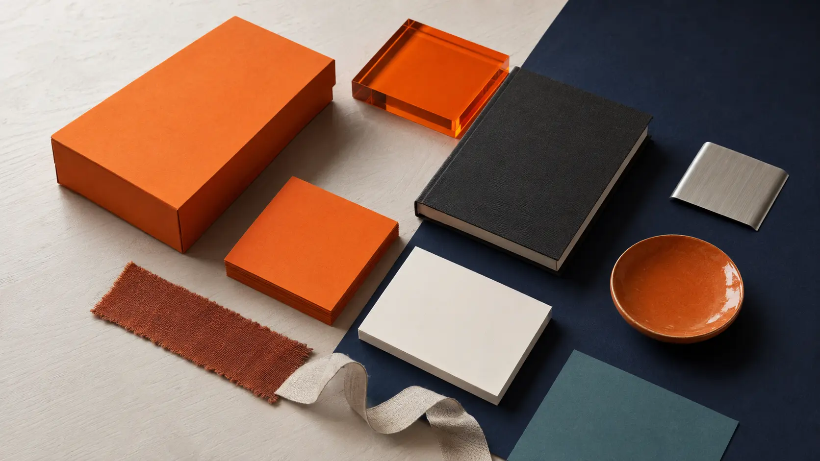 Système d’identité sans marque avec boîte et cartes orange vierges, papiers blanc chaud, carnet charbon, grand papier bleu nuit, accent bleu-vert, textile terre cuite, acrylique orange