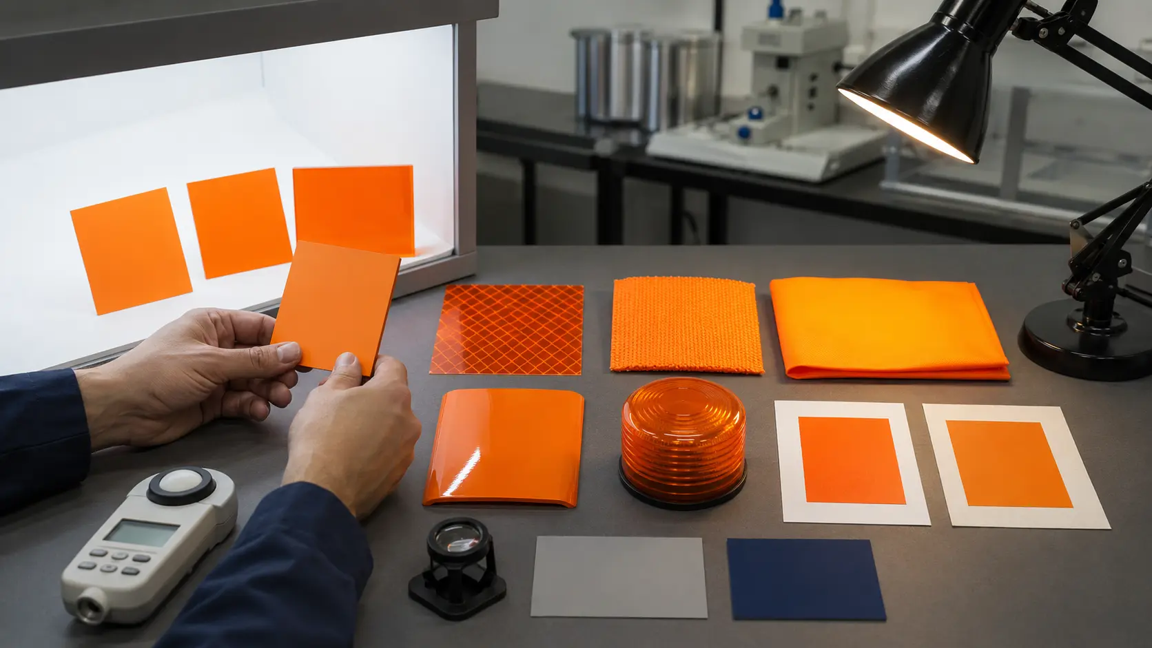Laboratoire de visibilité comparant sous lumière contrôlée des échantillons orange mats, translucides, rétro-réfléchissants, très visibles, brillants et émaillés, avec balise, encre imprimée